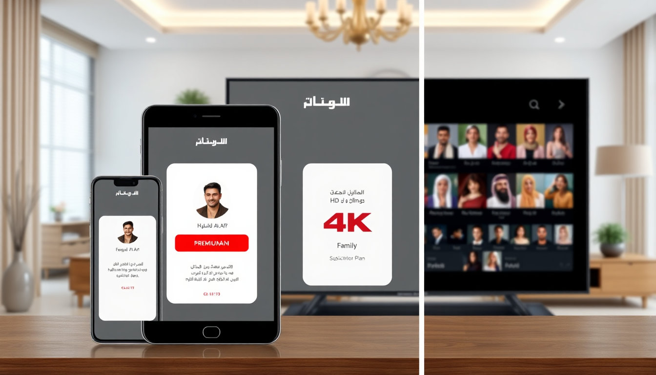 تصميم ثلاثي يعرض باقات اشتراك فاصل بلس الأساسية والمميزة والعائلية على شاشات مختلفة في غرفة معيشة عربية حديثة