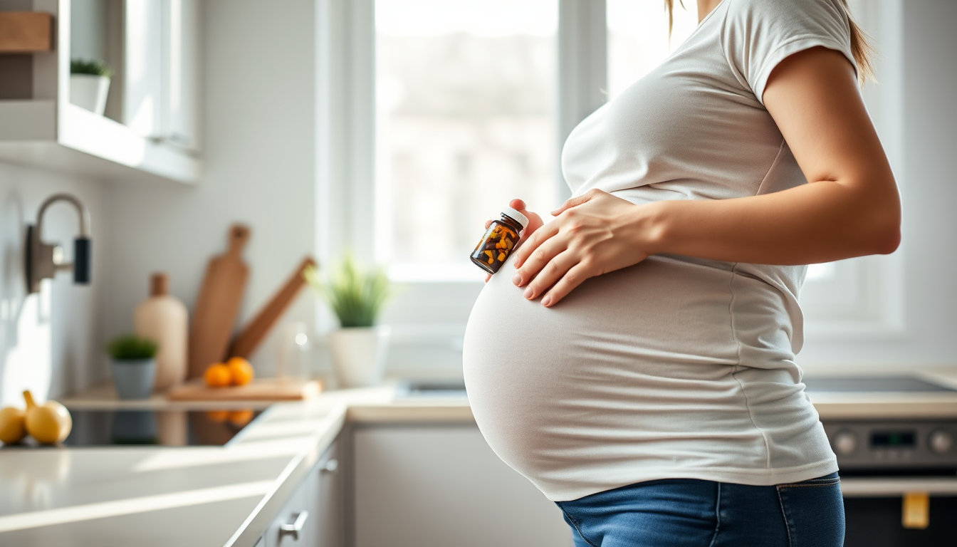 حبوب سبروفيتا والحمل - امرأة حامل تحمل زجاجة مكمل غذائي في مطبخ مشرق