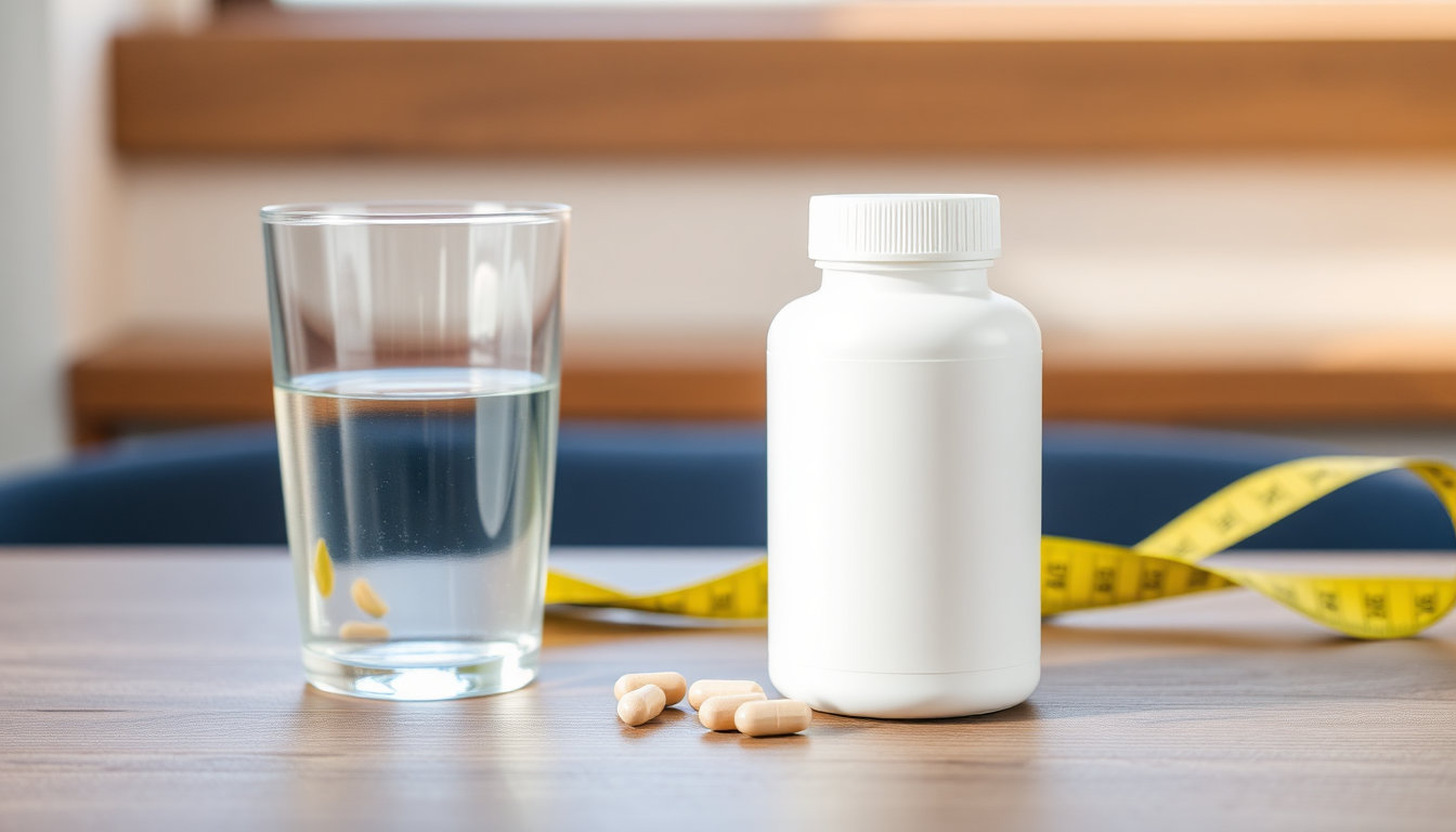 عبوة حبوب سبروفيتا لزيادة الوزن وفتح الشهية بجانب كوب ماء على طاولة خشبية