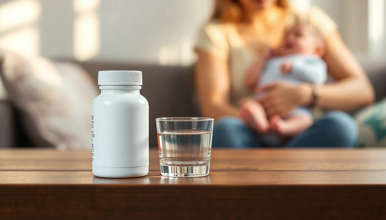 علبة حبوب سبروفيتا للمرضعات بجانب كوب ماء على طاولة خشبية