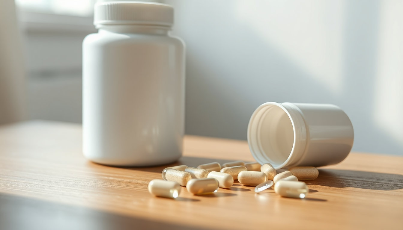 عبوة حبوب سبروفيتا لزيادة الوزن وتثبيته بجانب كبسولات على طاولة خشبية