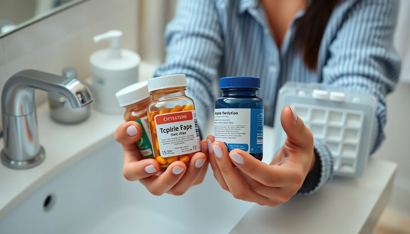 حبوب سبروفيتا مع حبوب منع الحمل في منظم أسبوعي على طاولة حمام