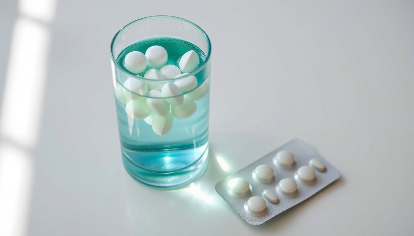 حبوب سبروفيتا الفوارة في كوب ماء وبجانبها شريط الدواء على طاولة بيضاء