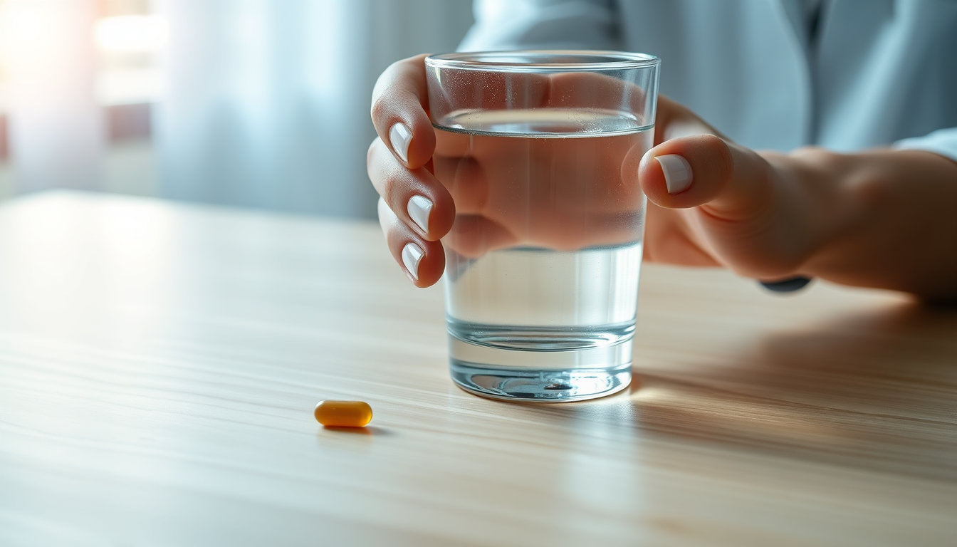 طريقة تناول كبسولة سبروفيتا مع كوب من الماء على طاولة خشبية