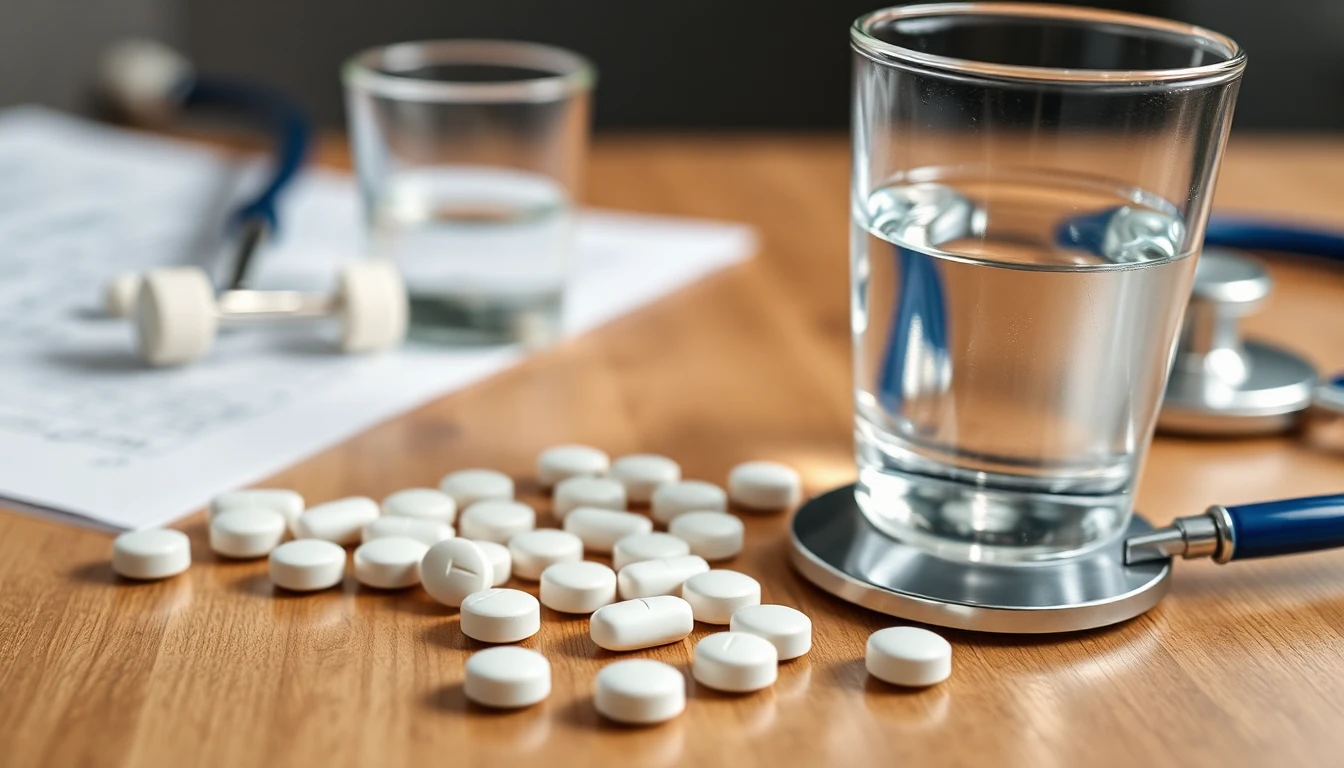 حبوب سبروفيتا مع كوب ماء وأدوات طبية على طاولة خشبية