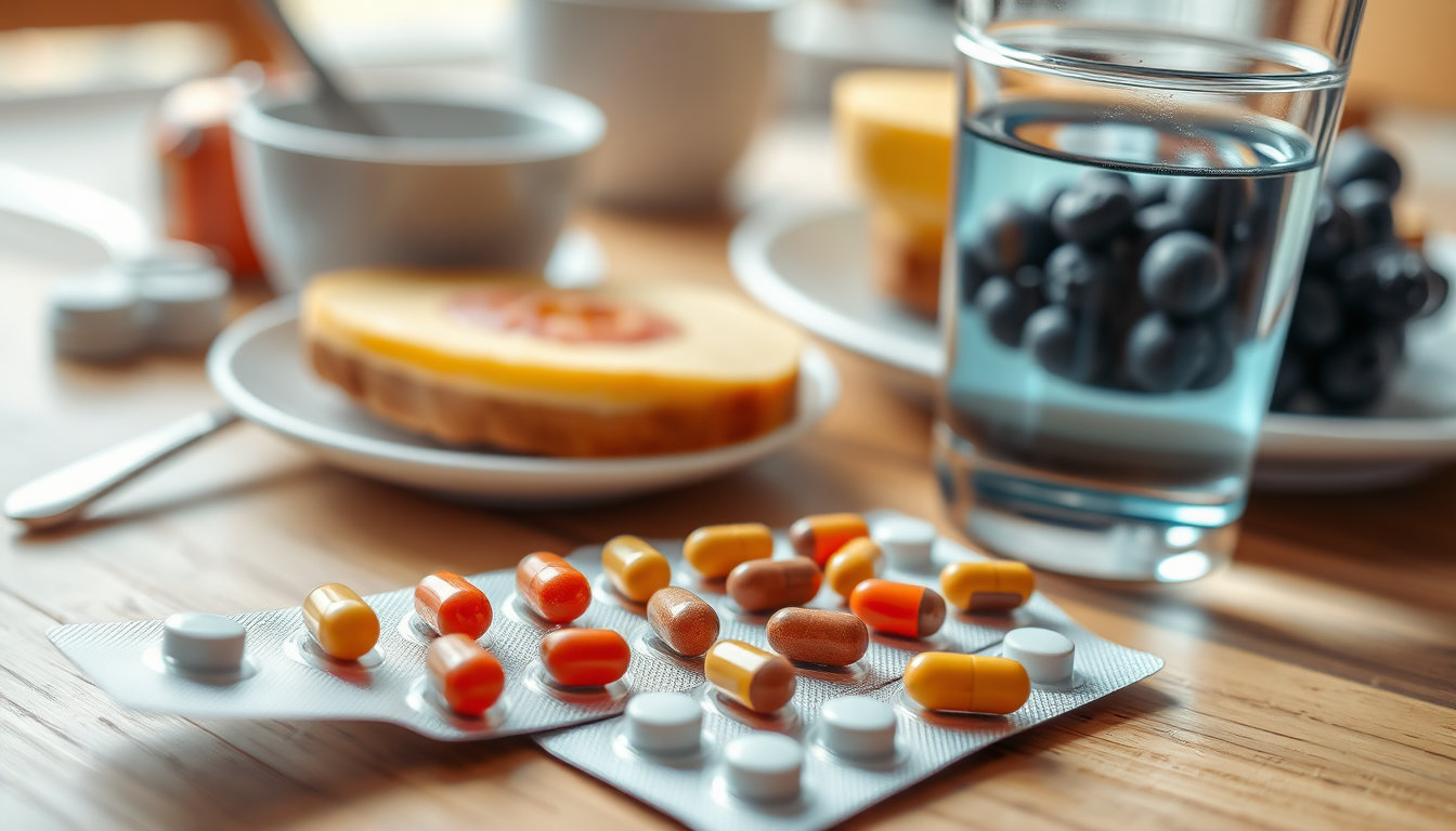 لقطة مقربة لشريط حبوب سبروفيتا وفيتامينات متعددة مع كوب ماء على طاولة خشبية، خلفية ضبابية لأطعمة صحية