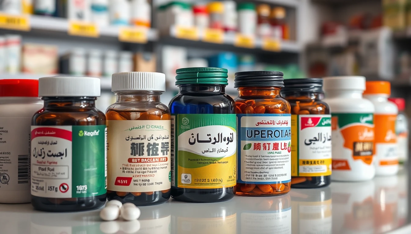 عبوات حبوب صينية للتسمين مع ملصقات أسعار في صيدلية عربية