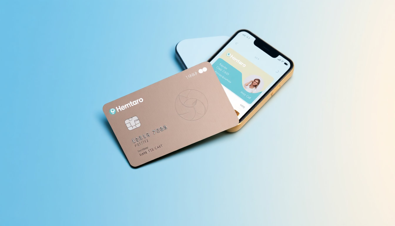بطاقة اشتراك فاصل بلس كارد موضوعة بجانب هاتف ذكي يعرض واجهة تطبيق همتارو