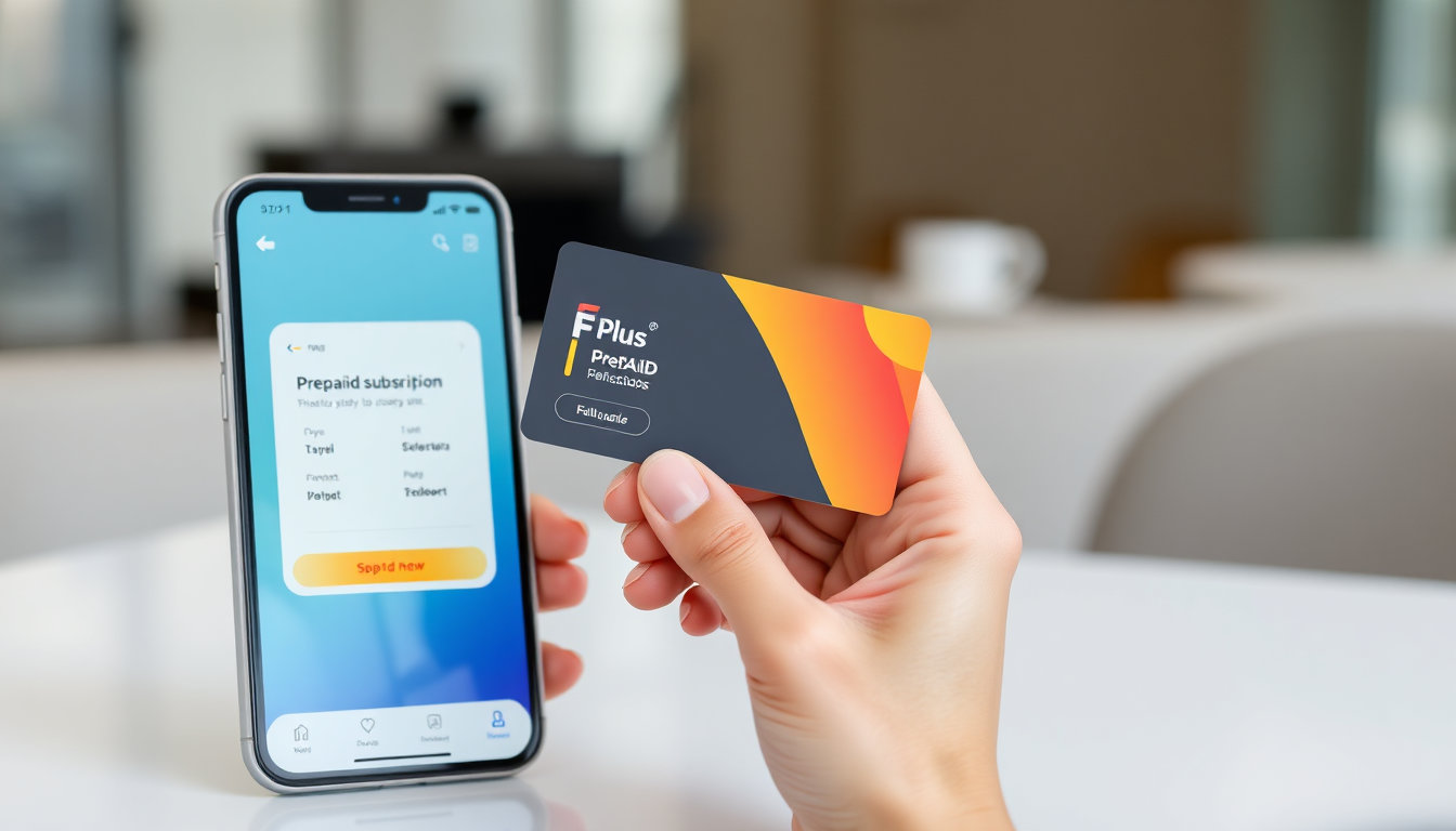 يد تحمل بطاقة اشتراك فاصل بلس بجوار هاتف ذكي يعرض واجهة منصة فاصل بلس، خلفية مكتبية مرتبة