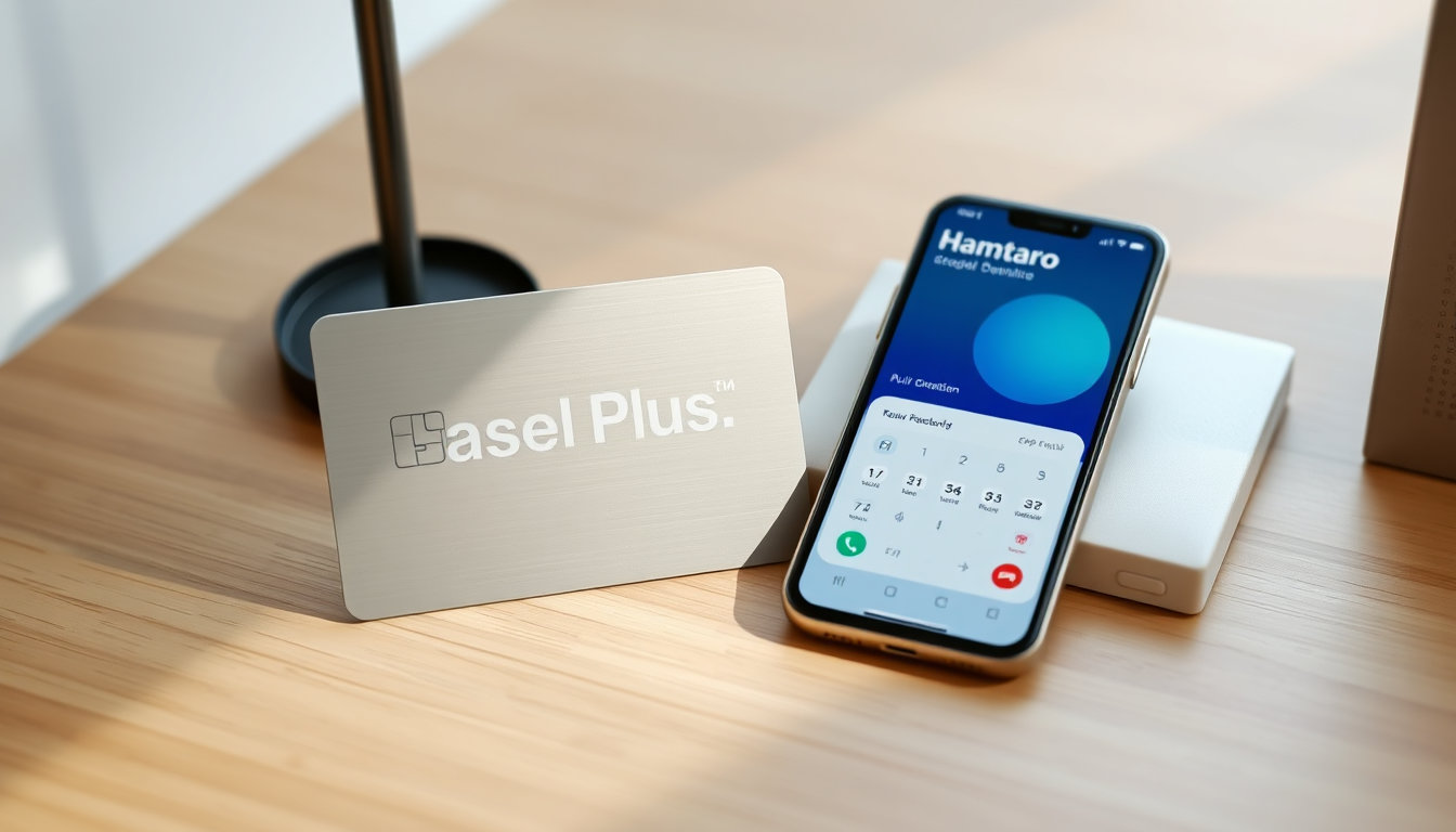بطاقة اشتراك فاصل بلس كارد بجانب هاتف ذكي يعرض تطبيق همتارو على مكتب خشبي