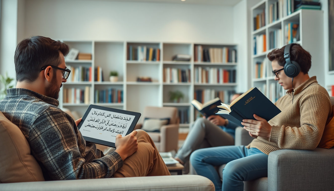 صورة تعبر عن مقارنة بين خيارات القراءة المختلفة؛ شخص يقرأ كتاباً إلكترونياً على جهاز لوحي، وآخر يقرأ كتاباً وراقياً، وثالث يستمع لكتاب صوتي، في مشهد يرمز لتعدد منصات القراءة الرقمية العربية وقيمة اشتراك فاصل بلس مقابل البدائل