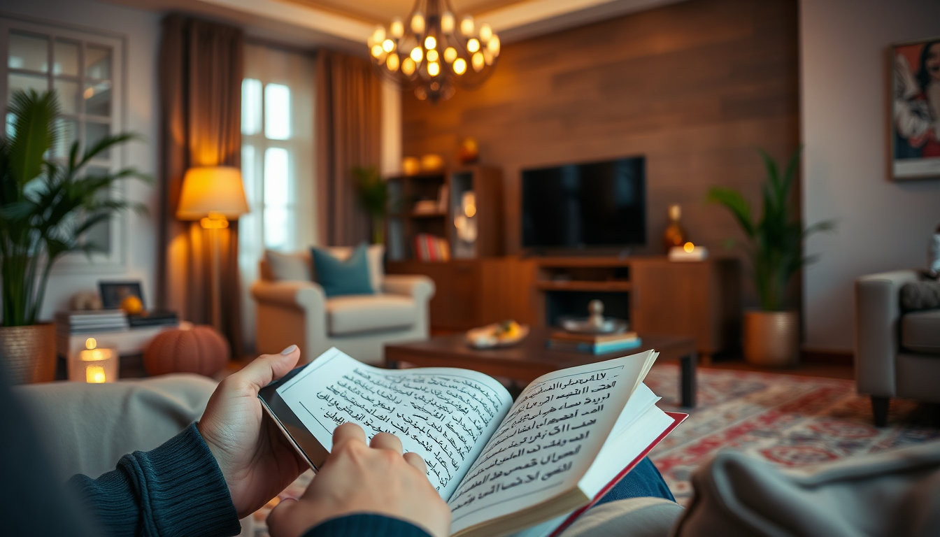 شخص يقرأ كتاباً عربياً على جهاز لوحي في غرفة معيشة عصرية تعبيراً عن اشتراك فاصل بلس