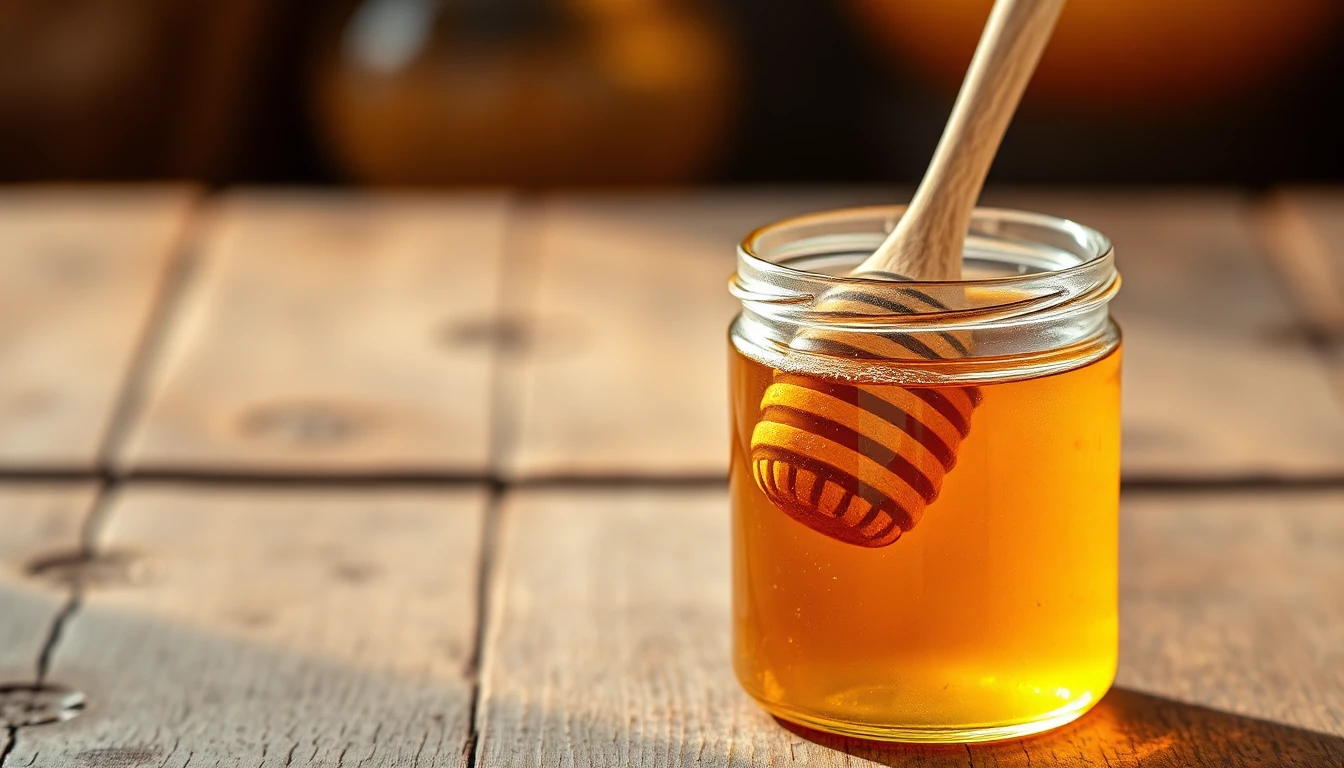 برطمان عسل حيوي ذهبي للرجال على طاولة خشبية