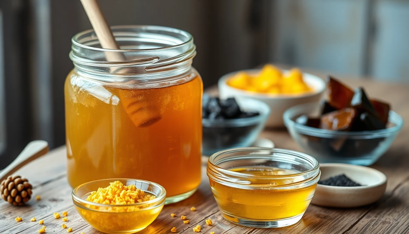 مكونات العسل الحيوي من غذاء ملكات النحل وحبوب اللقاح والعكبر بجانب برطمان عسل طبيعي