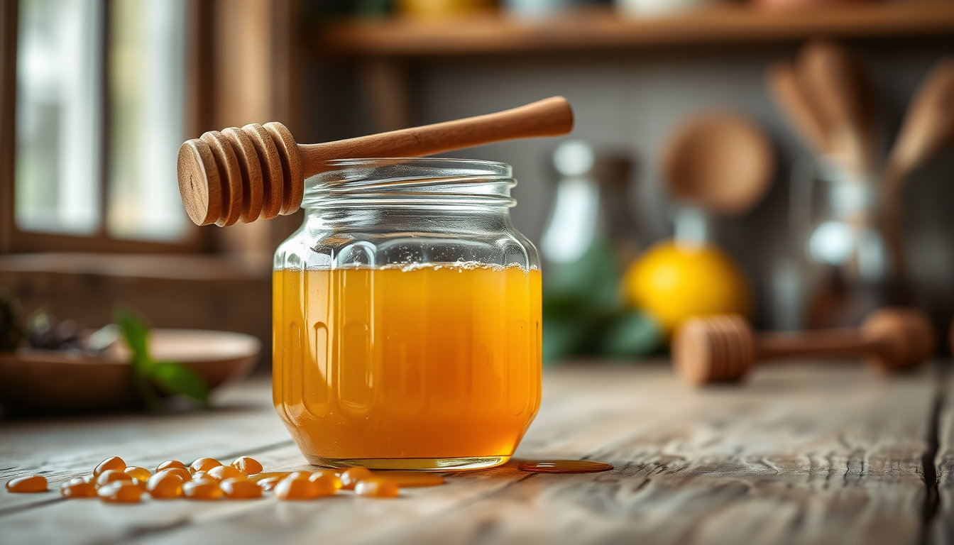 برطمان عسل حيوي ذهبي على طاولة خشبية للحديث عن علاقته بالصداع