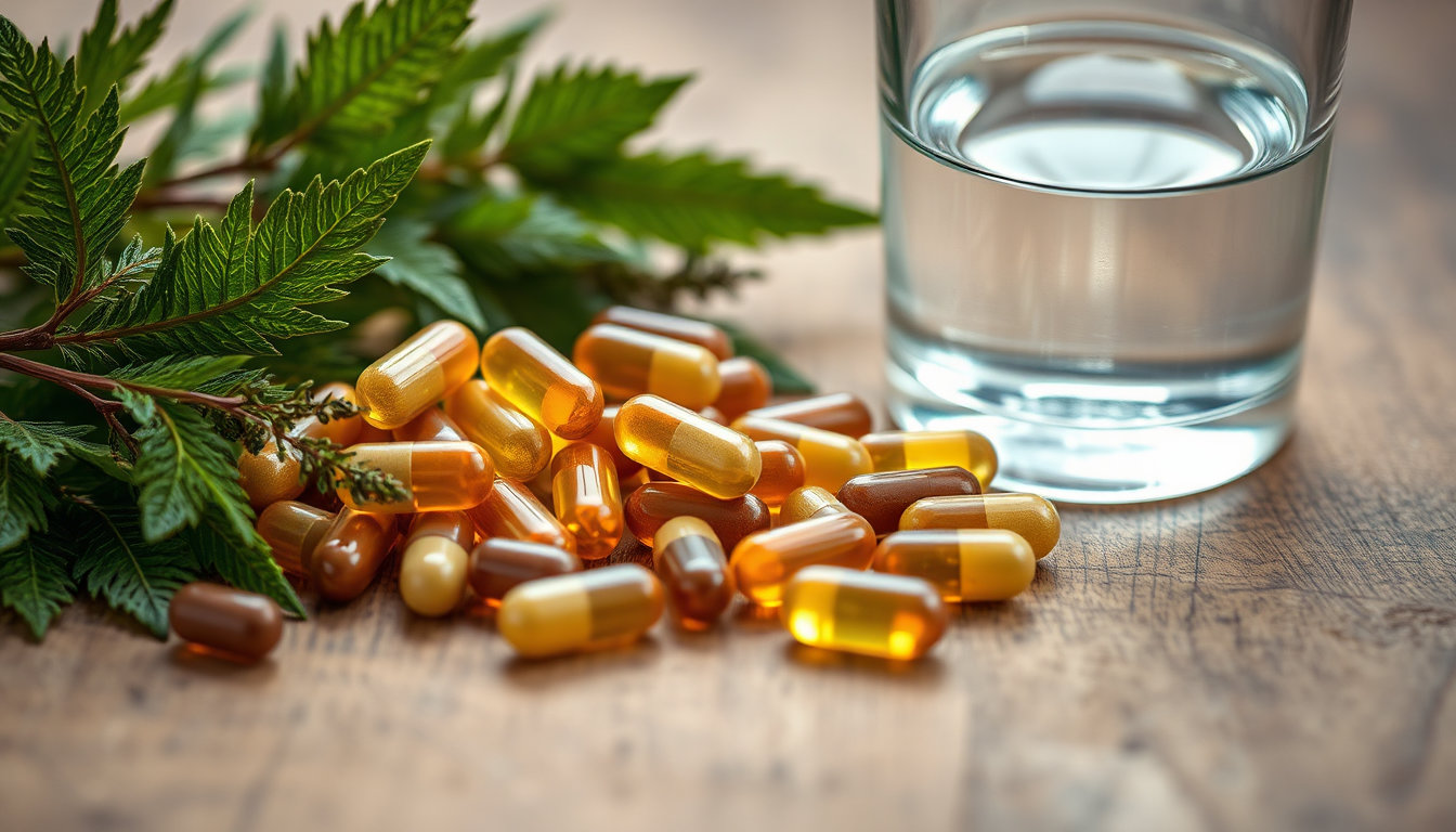 كبسولات الحبوب الاندونيسية مع كوب ماء على طاولة خشبية