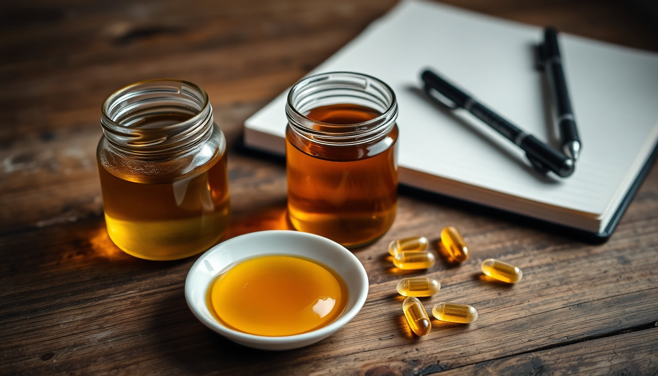 العسل الحيوي للنساء مع الغذاء الملكي وحبوب البروبوليس على طاولة خشبية