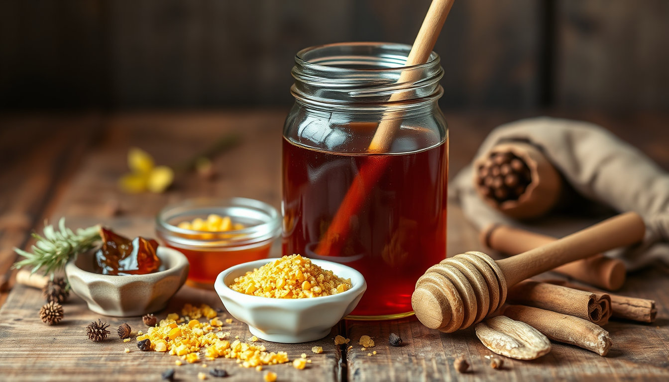مكونات العسل الحيوي من عسل السدر الطبيعي وغذاء الملكات وحبوب اللقاح والأعشاب على طاولة خشبية