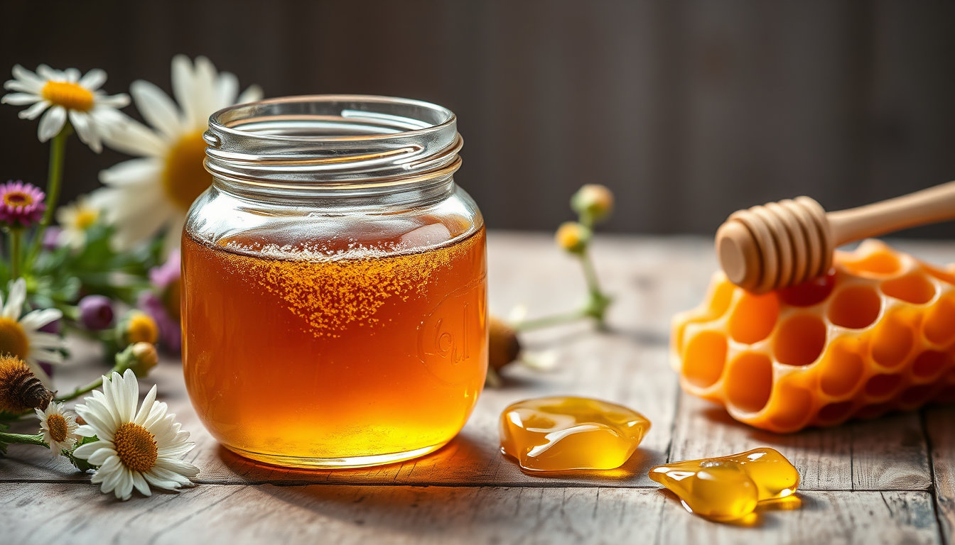 برطمان عسل حيوي طبيعي على طاولة خشبية مع أزهار برية وقطعة شمع عسل