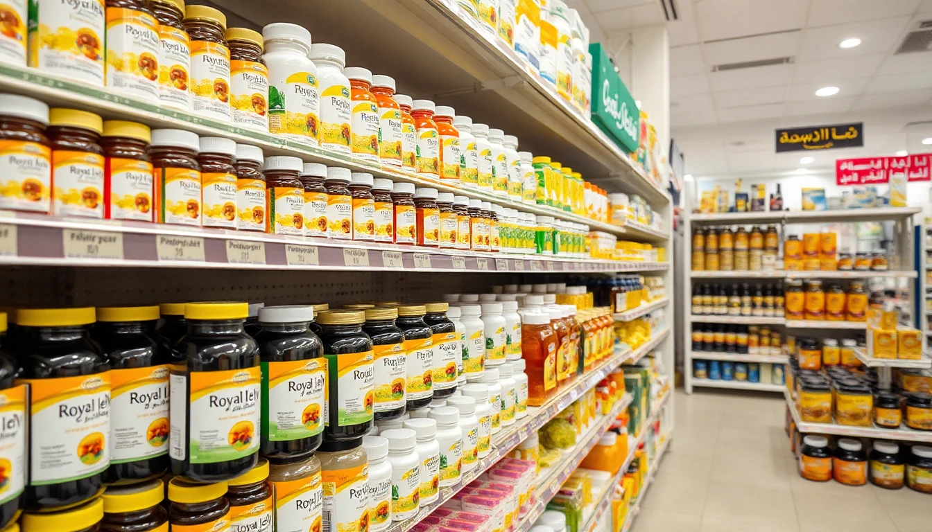 رف صيدلية يعرض العسل الحيوي ومكملات غذاء ملكات النحل في متجر عطارة